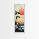 Japanese Landscape with Sunset Canvas Print, Red Sun Over Mountains, Minimalist Nature Art, Coastal Wall Art, Framed Canvas Print, Boho Decor