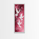 White Doves Canvas Print - Angel Art Prints on Burgundy Background, Symbolic Bird Art, Light Pink Abstract Vertical Wall Decor