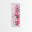 Pink Cupcake Trio Canvas Print, Whimsical Kitchen Art, Rustic Light Pink Wall Art, Food Review Vertical Artwork, Gift Idea For Her