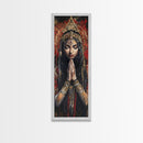 Goddess Prayer Painting Framed Canvas Print, Kerala Mural Art with Rich Red and Gold, Dark Angels Wall Art for Boho Bedroom Decor