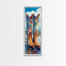 Vibrant Western Boots Framed Canvas Print, Coastal Cowgirl Artwork, Farmhouse Rustic Decor, Bright Living Room Vertical Art