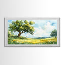 Sunny Meadow Elegance Canvas Print Featuring Oak Tree Art and Wildflower Painting Rustic Decor for Living Room Wall Art