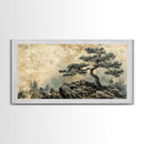 Pine Tree on Rocks Canvas Print Rustic Wall Art Wabi Sabi Minimalist Artwork Zen Art Bedroom Decor Horizontal Landscape Painting