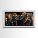 Vibrant Mosaic Bulls Canvas Print Colorful Geometric Wall Art Rustic Decor Living Room Art Tall Narrow Art Bull and Bear Art