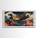 Ocean Waves Framed Canvas Print, Japanese Inspired Coastal Wall Art, Nautical Decor, Coastal Landscape Art, Extra Wide Panoramic Art