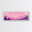 Mountain Landscape Art Framed Canvas Print in Light Pink Hues with Starry Sky, Bedroom or Living Room Artwork, Rustic Decor Painting