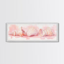Shell Painting Framed Canvas Print Featuring Coastal Shells in Pastel Pink, Nautical Decor Idea, Horizontal Coastal Artwork