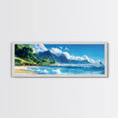 Tropical Paradise Beach Framed Canvas Print - Panoramic Hawaii Coastal Painting, Nautical Wall Art, Ocean View Living Room Wall Decor
