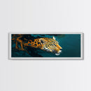 Leopard In Motion Framed Canvas Print - Abstract Jungle Painting, Teal And Orange Wildcat Art, Modern Safari Wall Decor, Bedroom Accent