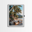 Vibrant Palm Tree Beach Framed Canvas Print – Coastal Decor Wall Art, Hawaiian Landscape Painting, Tropical Nautical Wall Art