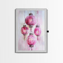 Pink Lanterns Framed Canvas Print, Chinoiserie Wall Art, Cozy Living Room Decor, Boho Aesthetic, Vertical Oriental Light Pink Wall Art