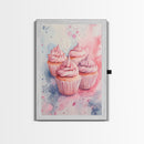 Pink frosted cupcake painting on framed canvas print, whimsical art, food review kitchen art, living room art, guest room decor