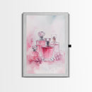 Elegant Pink Perfume Bottles Framed Canvas Print, Feminine Bathroom Art Light Pink Decor, Whimsical Gift Idea for Her Room