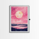 Moonlit Sky over Lake Framed Canvas Print, Pink Night Landscape Painting Coastal Wall Art, Minimalist Bedroom or Guest Room Decor