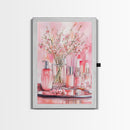 Pink wildflower botanical prints with glass bottles framed canvas print for bedroom or guest room rustic decor gift idea her wall art