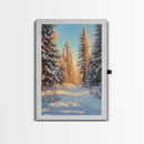 Winter Wonderland Framed Canvas Print, Snowy Forest Landscape Painting with Pine Tree Art, Cozy Rustic Wall Decor