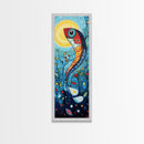 Koi Fish Fantasy, koi fish painting, whimsical art, framed canvas print, vibrant wall art, long narrow wall art,  tall skinny art