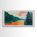 Forest Lake, pine tree art, landscape painting, rustic wall art, autumn painting, extra wide art, wabi sabi art, Framed Canvas Print