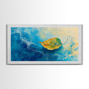Leaf in Water, blue and green wall art, coastal decor, wabi sabi art, extra wide art, panoramic painting, Canvas Print, gift idea