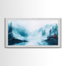 Misty Mountains, pine tree art, wabi sabi wall art, smoky mountain art, panoramic painting, nature painting, Framed Canvas Print
