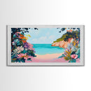 Tropical Beach, coastal wall art, Hawaii art, pink orange wall art, extra wide art, panoramic painting, framed canvas print