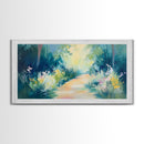 Serene Woodland Trail, wildflower painting, botanical prints, landscape painting, rustic decor, extra wide art, Framed Canvas Print