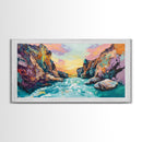 Coastal Canyon Sunset, panoramic painting, extra wide art, framed canvas print, seascape painting, southwest wall art