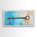 Rustic Key Painting, teal wall art, farmhouse art, coastal decor, framed canvas print, wabi sabi art, extra wide art, moody art