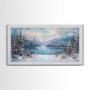 Lake Tahoe Art, Snowy Landscape, Winter Cabin Decor, Framed Canvas Print, Blue and Green Wall Art, Horizontal Wall Art