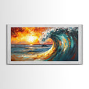 Ocean wave, sunset surf, seascape painting, framed canvas print, surf wall art, nautical painting, coastal decor