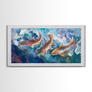Koi Fish Painting, Framed Canvas Print, fly fishing art, trout art, extra wide painting, colorful fish painting, panoramic art