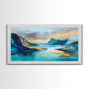 Serene Fjord, mountain painting, lake Tahoe art, blue and green wall art, panoramic painting, extra wide art, Framed Canvas Print, above sofa art