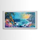 Coastal Cliff, vibrant ocean painting, surf wall art, Hawaii art, seascape painting, colorful beach art, Framed Canvas Print, extra wide art