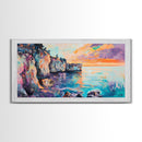 Sunset Over Cliffs, Coastal Painting, Ocean Landscape, Coastal Decor, Nautical Wall Art, Horizontal Wall Art, Framed Canvas Print
