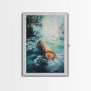 Log in Water, Forest at Dusk Painting, Rustic Nature Scene, Moody Wall Art, Blue and Green Decor, Framed Canvas Print