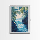 Jungle Waterfall View, tropical landscape painting, botanical prints, blue and green wall art, canvas print, extra wide art
