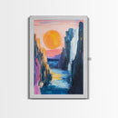 pink orange wall art, sunset painting, abstract landscape painting, blue and green wall art, Framed Canvas Print, boho art, modern decor