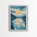 Moon Oil Painting, Smoky Mountain Art, Wabi Sabi Wall Art, Framed Canvas Print, Moody Art, Blue and Green Wall Art, Above Sofa Art