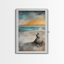 Zen Rock Stack Framed Canvas Print Coastal Wall Art, Beach Sunset Painting, Meditation Room Art, Tranquil Ocean Artwork, Boho Decor