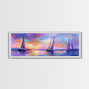 Sailboats at Sunset Framed Canvas Print Nautical Wall Art, Vibrant Ocean Painting, Coastal Home Decor, Large Living Room Artwork