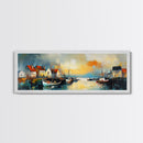 Seaside Village Harbor Canvas Print Coastal Boats Wall Art Nautical Fishing Town Decor Rustic Beach House Artwork Framed Print