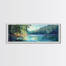 River Valley Framed Canvas Print Tranquil Nature Wall Art, Lush Green Landscape, Summer Cabin Artwork, Rustic Living Room Decor