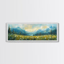 Mountain Lake Meadow Painting, Serene Nature Landscape, Cozy Cabin Art, Blue and Green Rustic Bedroom Wall Decor, Framed Canvas Print