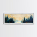 Misty Forest Landscape Wall Art, Blue and Gold Nature Painting, Rustic Cabin Decor, Cozy Woodland Art, Fall Living Room Artwork