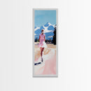 Mountain Runner, Pink Dress, Scenic Landscape Art, Framed Canvas Print, Minimalist Wall Art, Nature Lover, Bedroom Wall Art