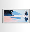 Mountain Lake, Peaceful Nature Art, Minimalist Alpine Landscape, Framed Canvas Print, Cabin Wall Decor, Calm Winter Aesthetic.