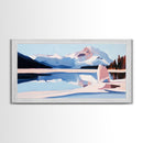 Mountain Reflection, Snowy Lake, Framed Canvas Print, Nature Wall Art, Minimalist Landscape, Living Room Decor, Blue and White Art