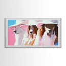 Stylish Dogs, Trendy Animal Art, Pink Aesthetic Print, Modern Pet Portrait, Whimsical Wall Art, Playful Decor, Framed Canvas Print