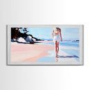 Walking Beach, Ocean View, Coastal Serenity, Tranquil Scene, Framed Canvas Print, Minimalist Decor, Boho Art, Bedroom Wall Art