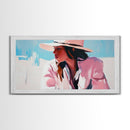 Woman, Sun Hat, Beach, Framed Canvas Print, Fashion Art, Minimalist Style, Boho Home Decor, Coastal Chic, Pastel Summer Painting